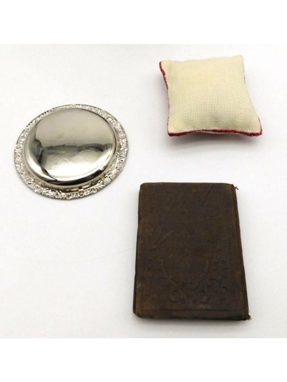 Lot of 18" Lace Trim Doll Accessories Hat Needlepoint Pillow Book Silver Plate - Picture 6 of 6